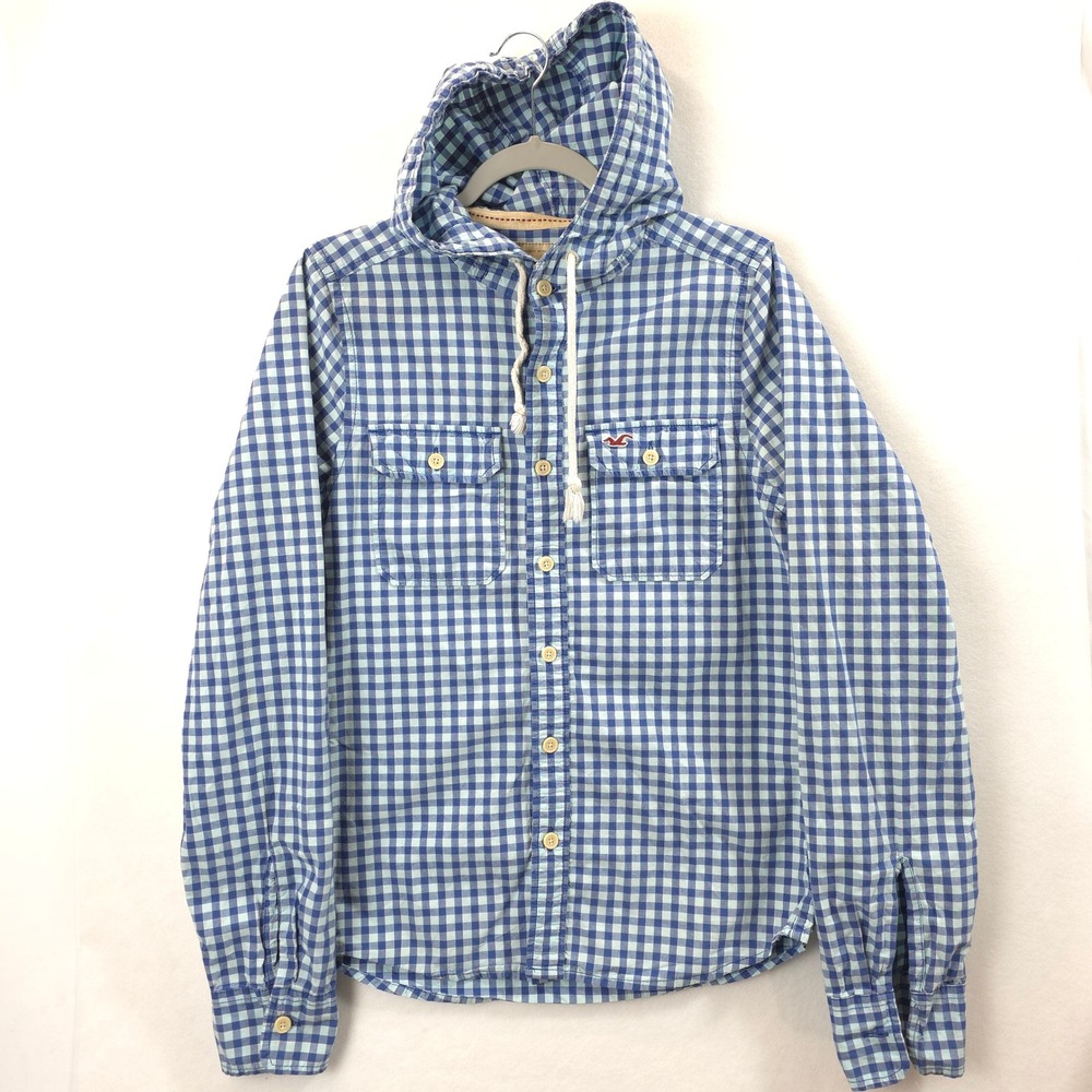 Hollister Hooded Button Down Shirt Shacket Gingham Plaid Blue Men M Y2K Vibes
